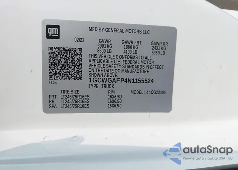 2022 Chevrolet Express Cargo Rwd 2500 Regular Wheelbase Wt from USA, damaged, VIN 1GCWGAFP4N1155524